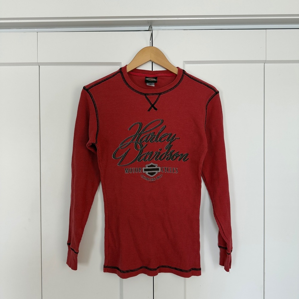 Womens Harley Davidson Thermal Shirt M Red Waffle Knit Kegel Rockford IL Graphic